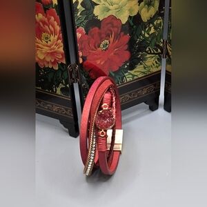 Red Druzy Bracelet Red Leather Magnetic Clasp Sz 6 - 6.5